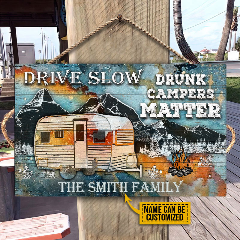 Personalized Camping Drunk Camper Matter Blue Earth Customized Wood Rectangle Sign