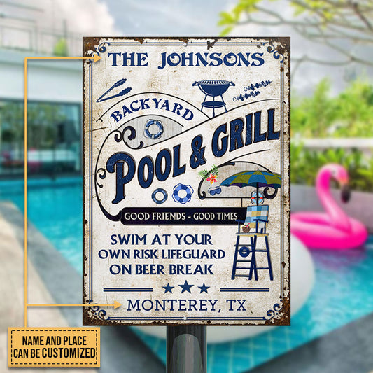 Personalized Pool Grilling Backyard At Your Own Risk Vertical Custom Classic Metal Signs