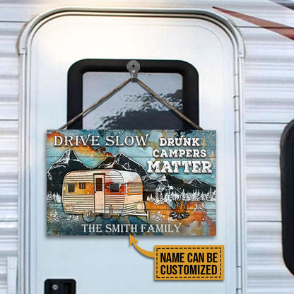 Personalized Camping Drunk Camper Matter Blue Earth Customized Wood Rectangle Sign