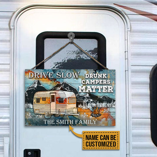Personalized Camping Drunk Camper Matter Blue Earth Customized Wood Rectangle Sign