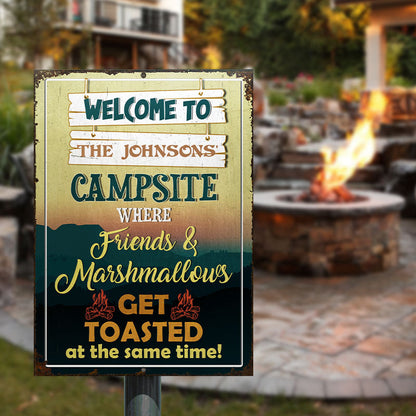 Personalized Camping Campsite Where Friends And Marshmallows Get Toasted Custom Classic Metal Signs