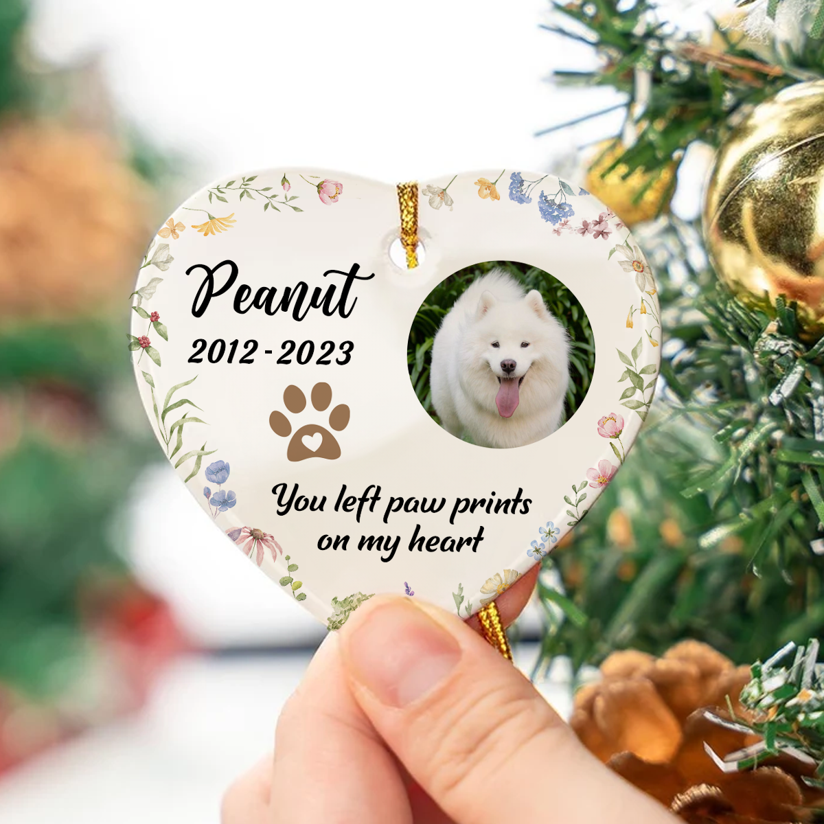You Left Paw Prints On Our Hearts Personalized Ceramic Heart Ornament, Custom Photo Pet Memorial Gift, Dog Memorial, Cat Memorial
