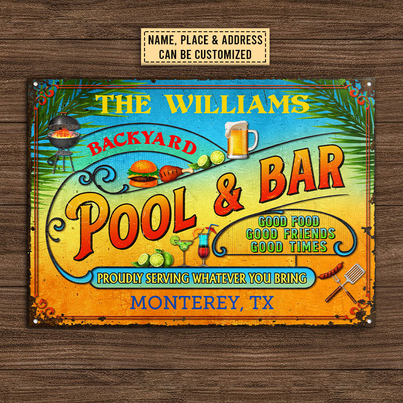 Pool Bar Summer Good Food Good Friends Customized Classic Metal Signs, Yard Sign, Grilling, Bar, Backyard