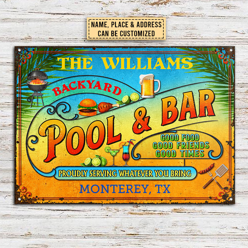 Pool Bar Summer Good Food Good Friends Customized Classic Metal Signs, Yard Sign, Grilling, Bar, Backyard