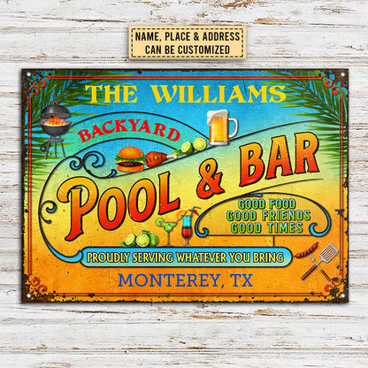 Pool Bar Summer Good Food Good Friends Customized Classic Metal Signs, Yard Sign, Grilling, Bar, Backyard