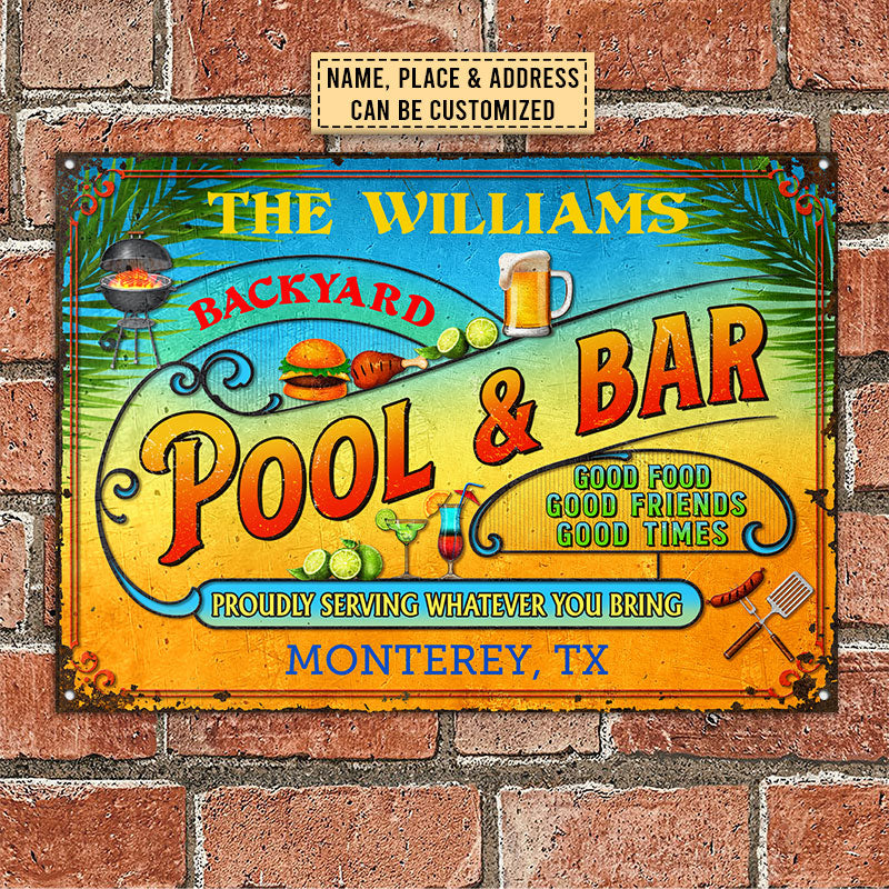 Pool Bar Summer Good Food Good Friends Customized Classic Metal Signs, Yard Sign, Grilling, Bar, Backyard