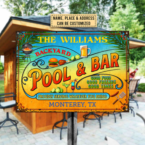 Pool Bar Summer Good Food Good Friends Customized Classic Metal Signs, Yard Sign, Grilling, Bar, Backyard