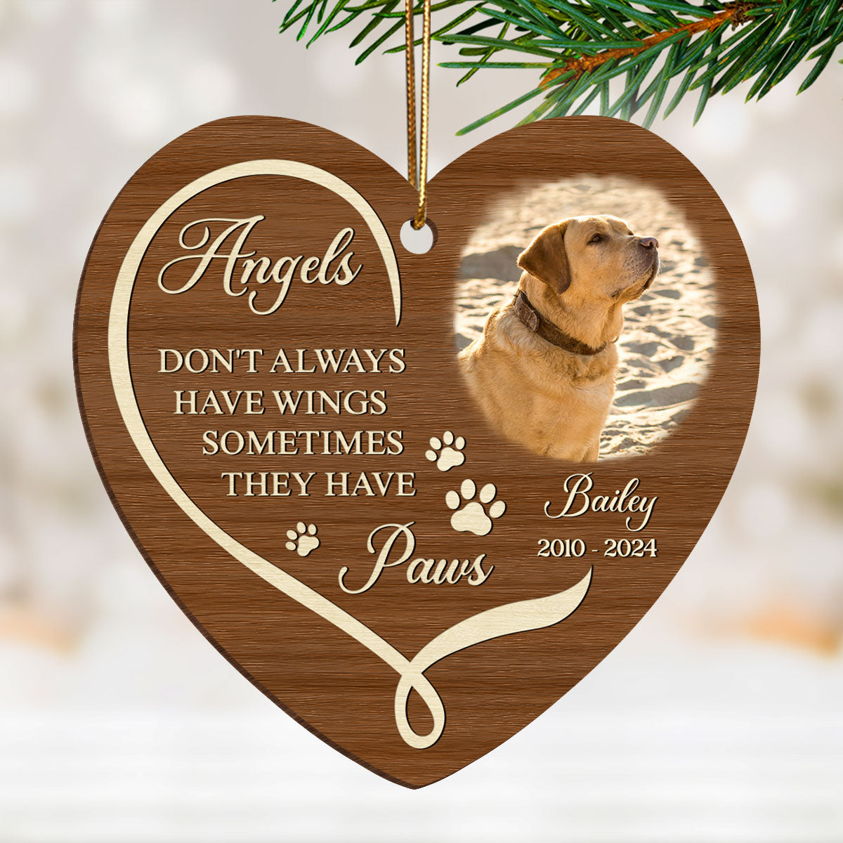 Angels Have Paws Dogs Cats Pet Memorial Personalized Wooden Ornament, Sympathy Gifts for Dog Loves Cat Lovers