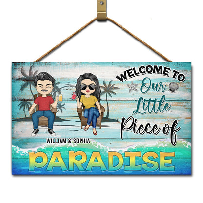 Welcome To Our Little Piece Of Paradise Summer Vibes - Anniversary, Birthday Gift For Spouse, Lover, Husband, Wife, Boyfriend, Girlfriend, Couple, Beach Lovers - Personalized Custom Wood Rectangle Sign