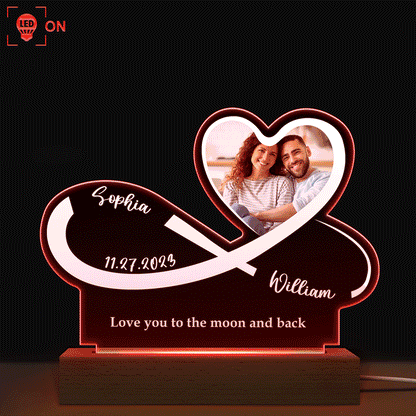 Custom Photo Infinity Heart - Anniversary, Loving Gift For Couples, Spouse, Lover, Wife, Husband, Girlfriend, Boyfriend - Personalized 3D Led Light Wooden Base