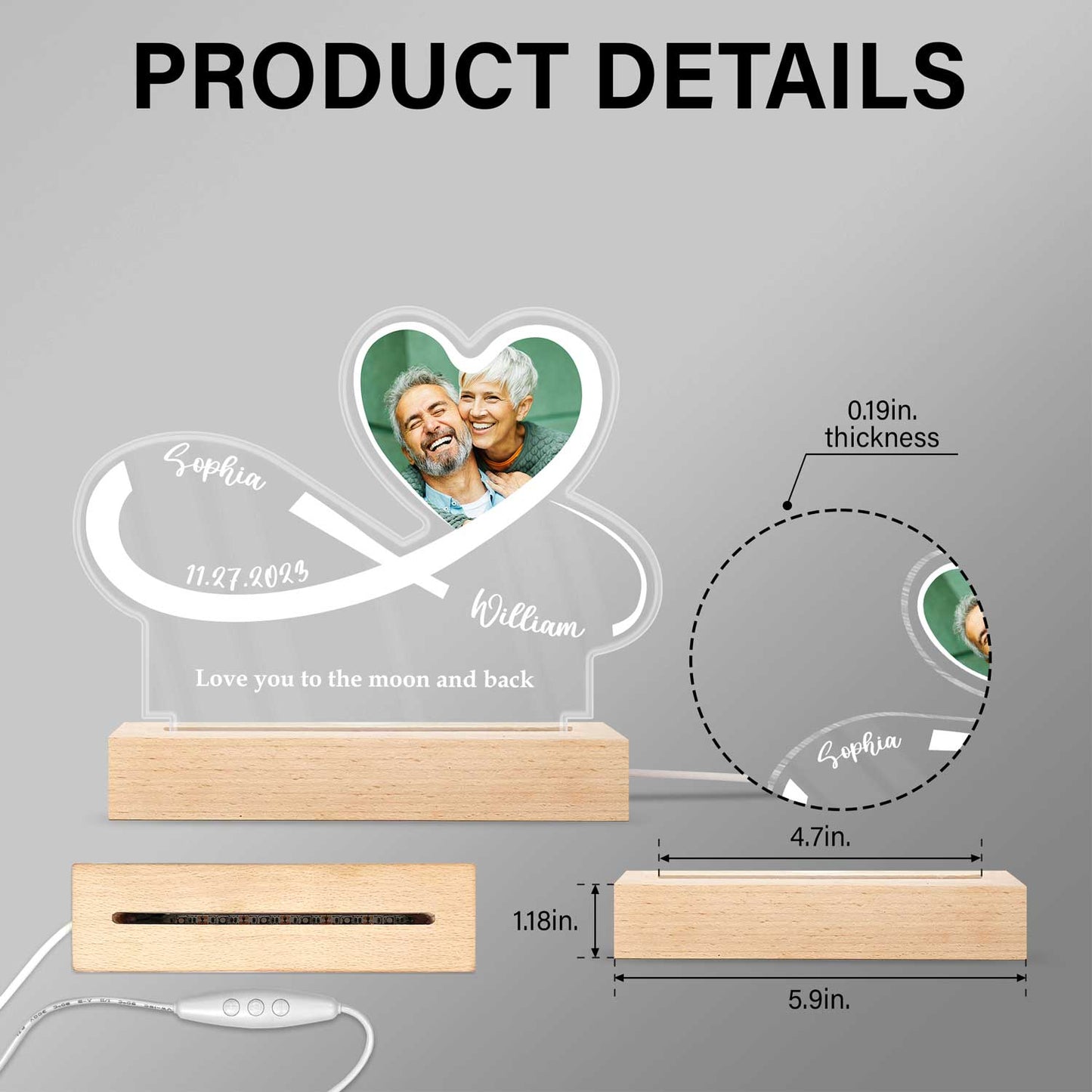 Custom Photo Infinity Heart - Anniversary, Loving Gift For Couples, Spouse, Lover, Wife, Husband, Girlfriend, Boyfriend - Personalized 3D Led Light Wooden Base