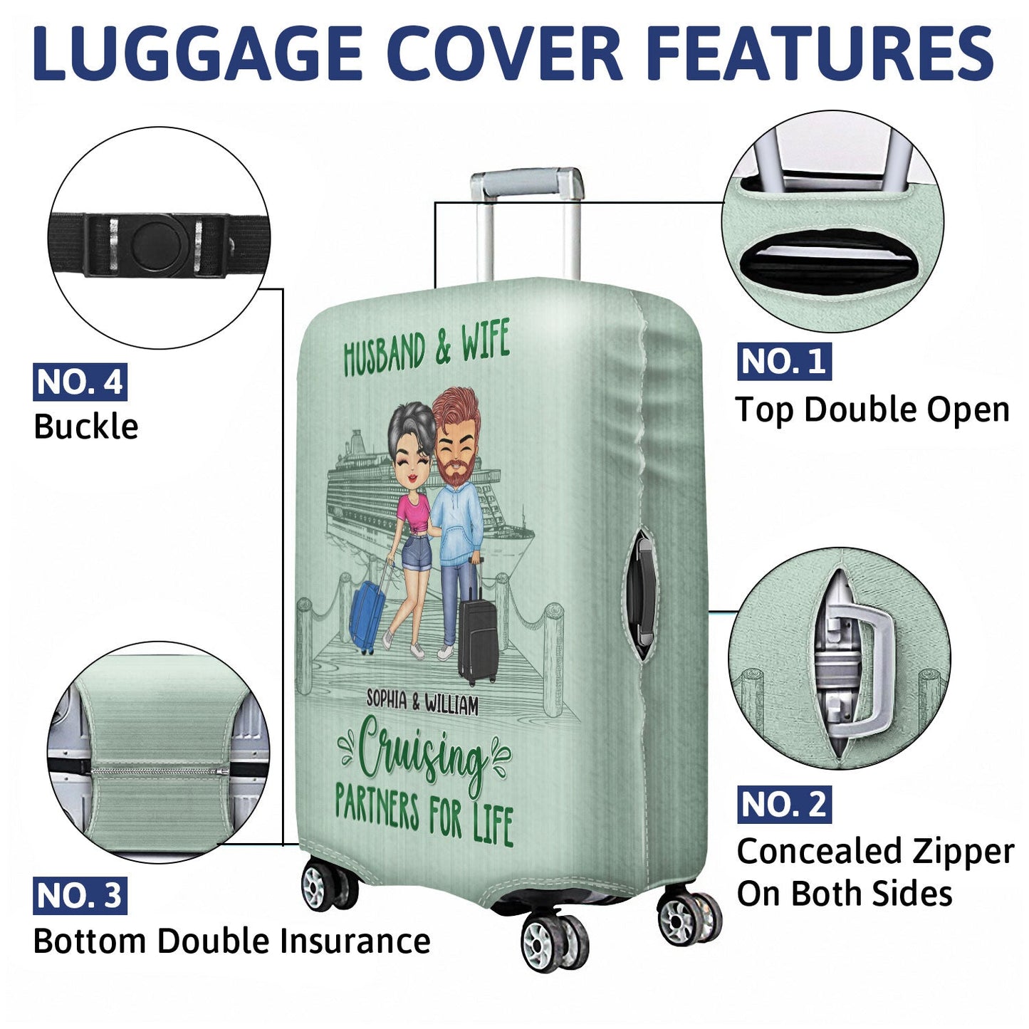 Husband & Wife Cruising Partners For Life - Gift For Couples - Personalized Luggage Cover