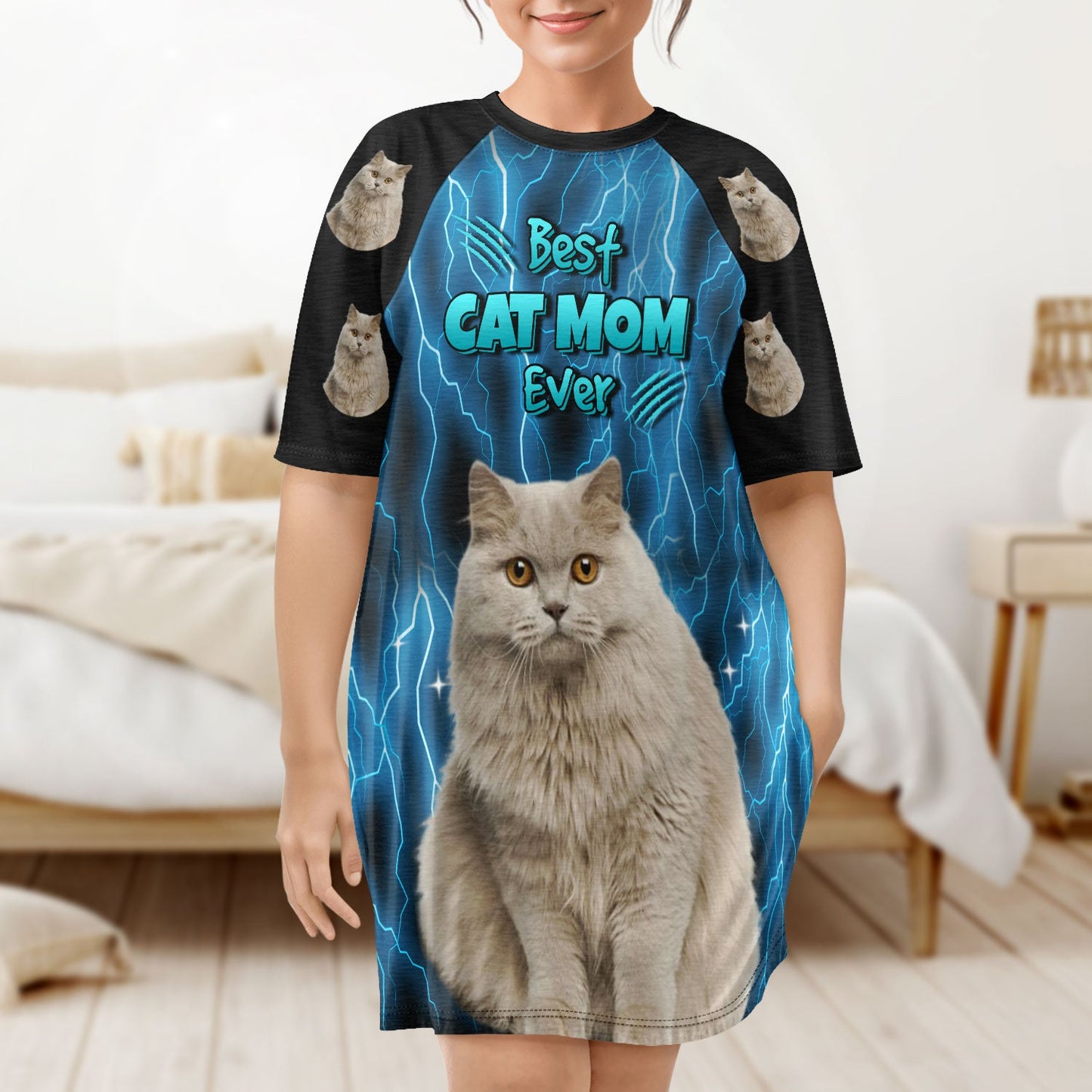 Custom Photo Best Cat Mom Ever - Gift For Cat Lovers - Personalized Women's Sleep Tee
