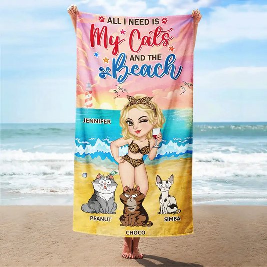 All I Need Is My Cats And The Beach - Personalized Beach Towel
