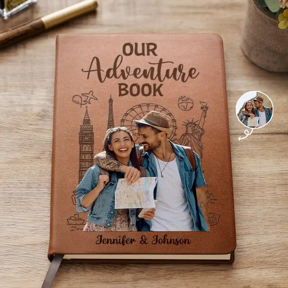 Custom Photo Travel Couple Our Adventure Book - Personalized Leather Journal