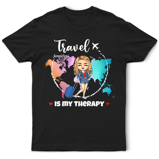 Travel Is My Therapy World Map - Personalized T Shirt