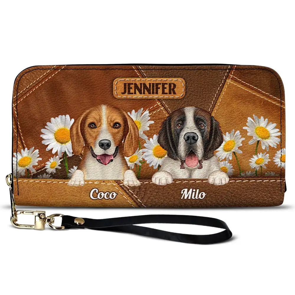 Cute Dogs Daisy Flowers - Personalized Leather Long Wallet