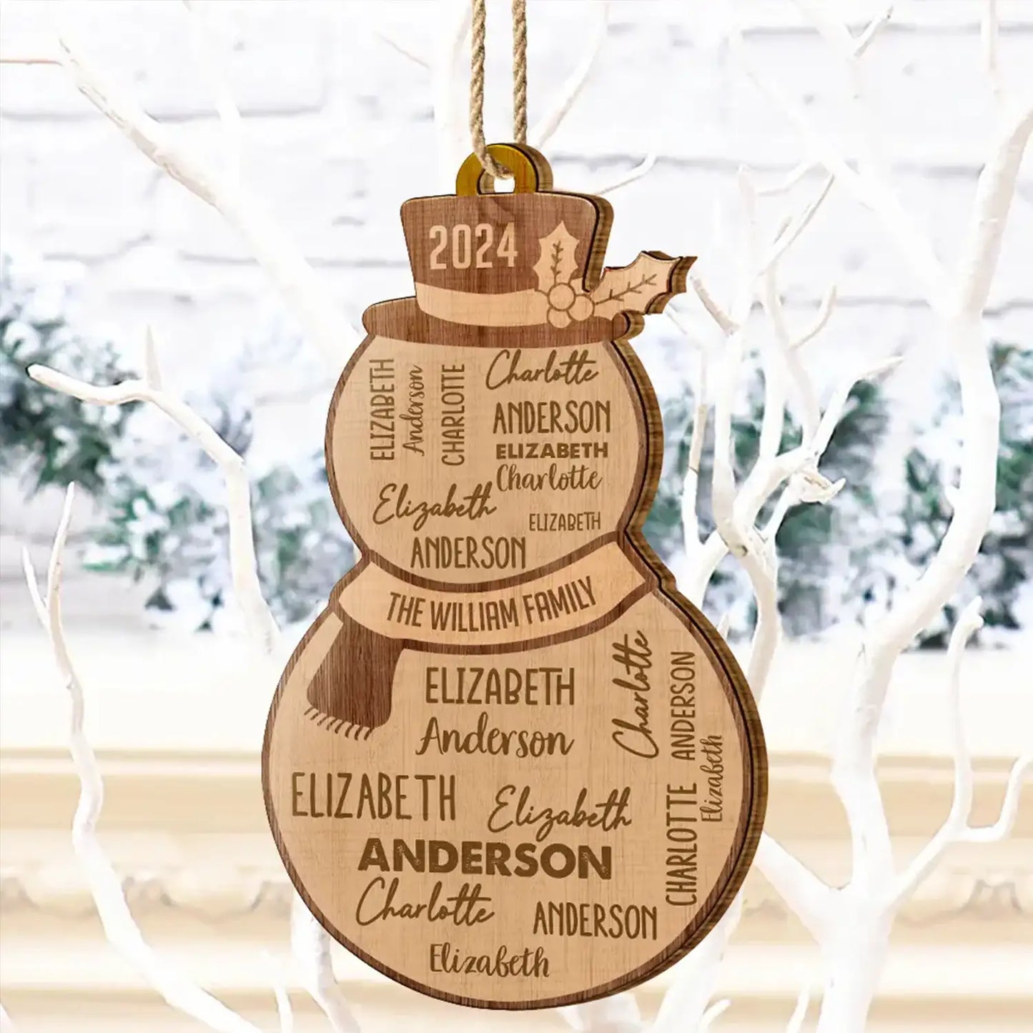 Christmas Snowman Repeating Names - Personalized Custom Shaped Wooden Ornament