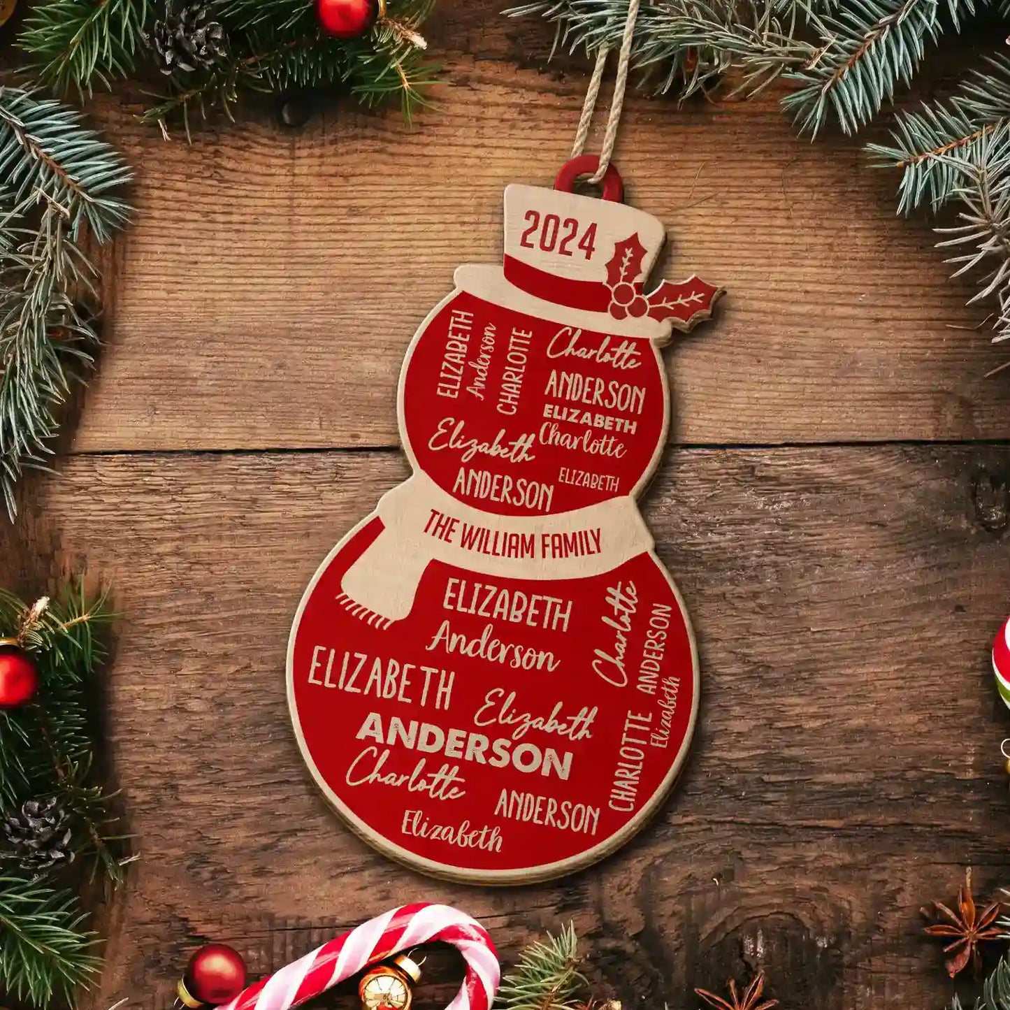 Christmas Snowman Repeating Names - Personalized Custom Shaped Wooden Ornament