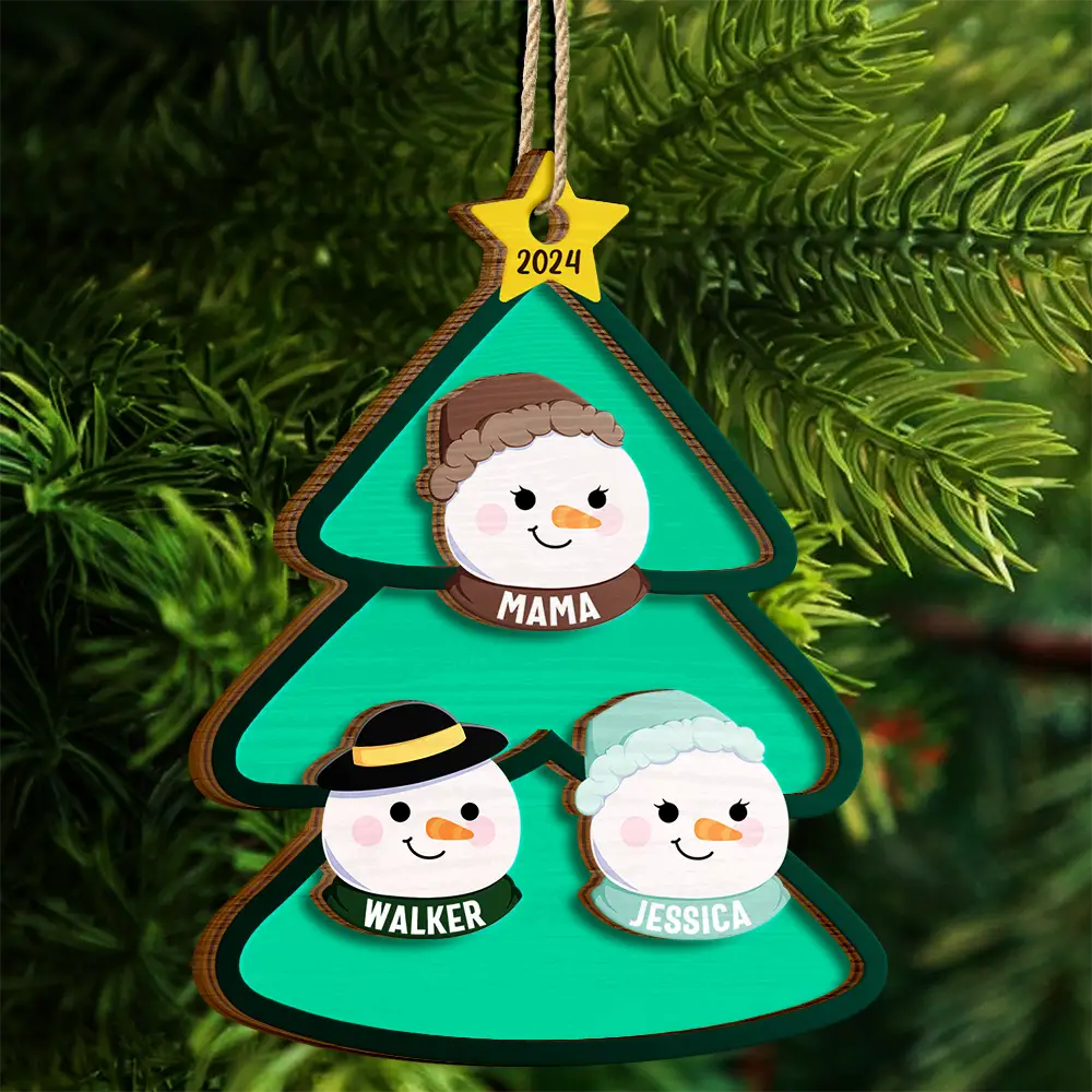 Christmas Tree Snowman Family - Personalized 2-Layered Wooden Ornament