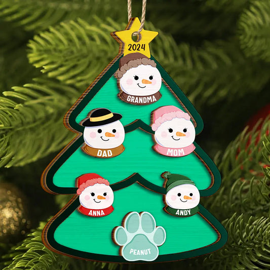 Christmas Tree Snowman Family - Personalized Wooden Ornament