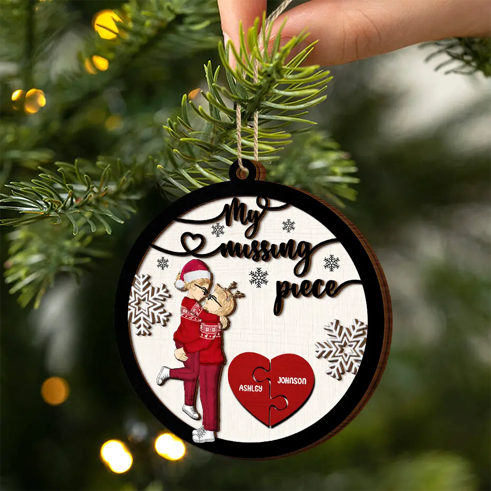 My Missing Piece Christmas Couple Hugging Kissing - Personalized 2-Layered Wooden Ornament