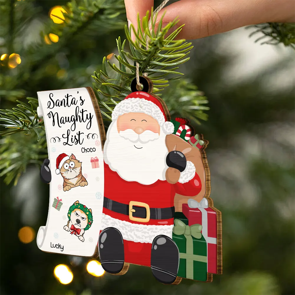 Santa's Naughty List Funny Christmas Cartoon Dogs Cats - Personalized Custom Shaped Wooden Ornament