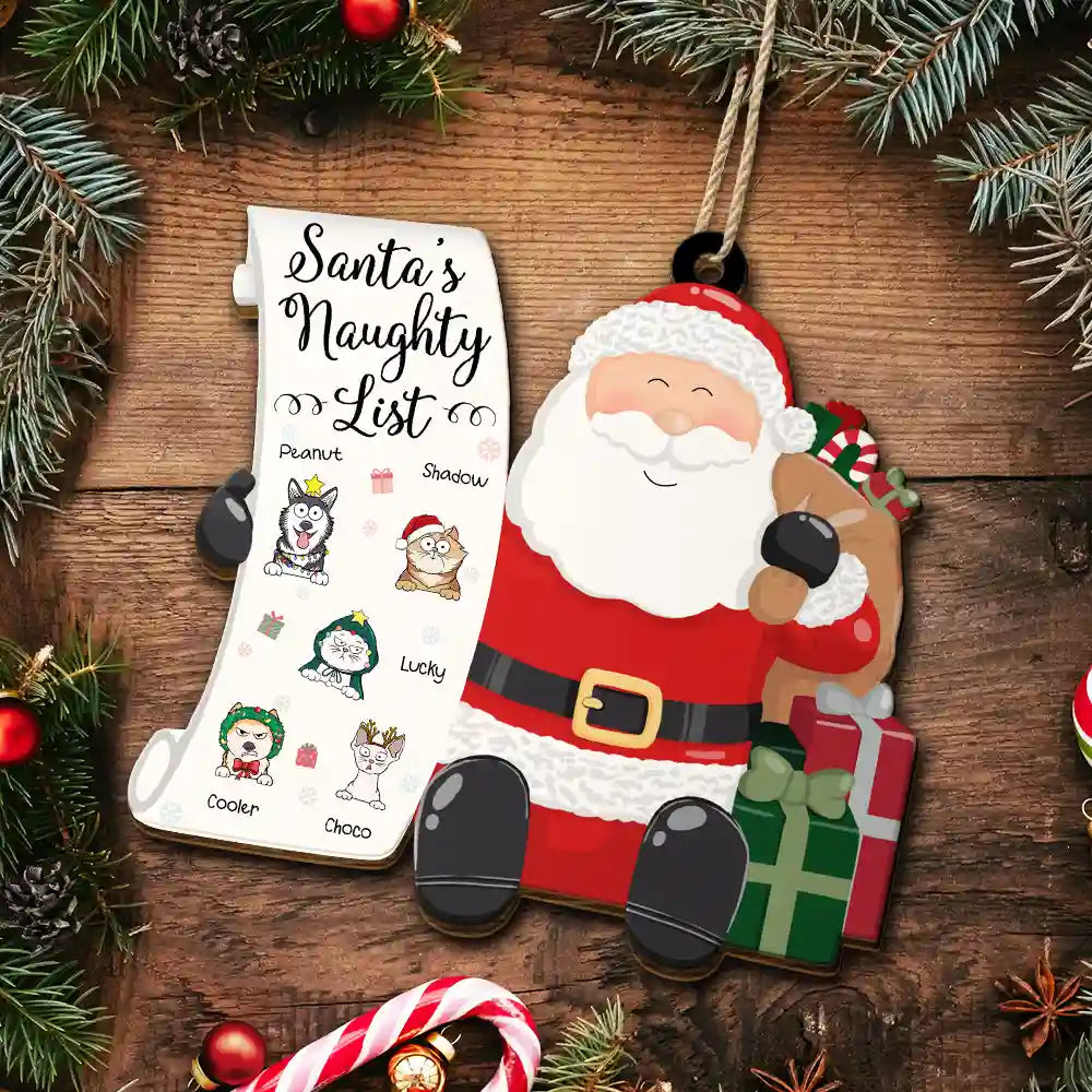 Santa's Naughty List Funny Christmas Cartoon Dogs Cats - Personalized Custom Shaped Wooden Ornament