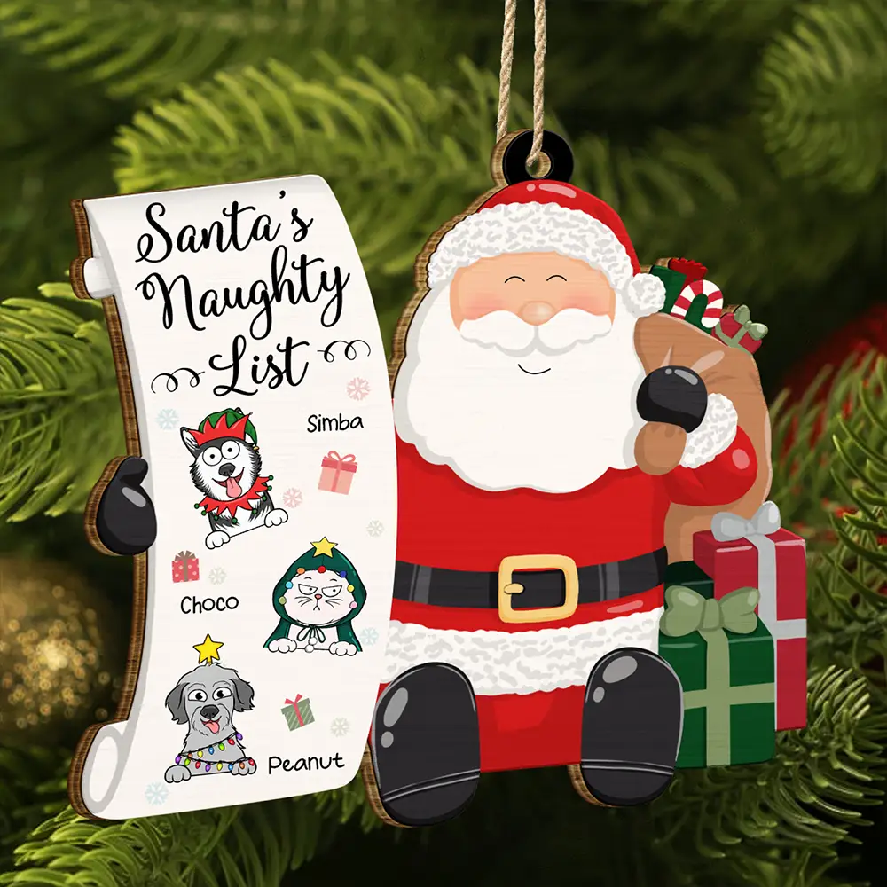 Santa's Naughty List Funny Christmas Cartoon Dogs Cats - Personalized Custom Shaped Wooden Ornament