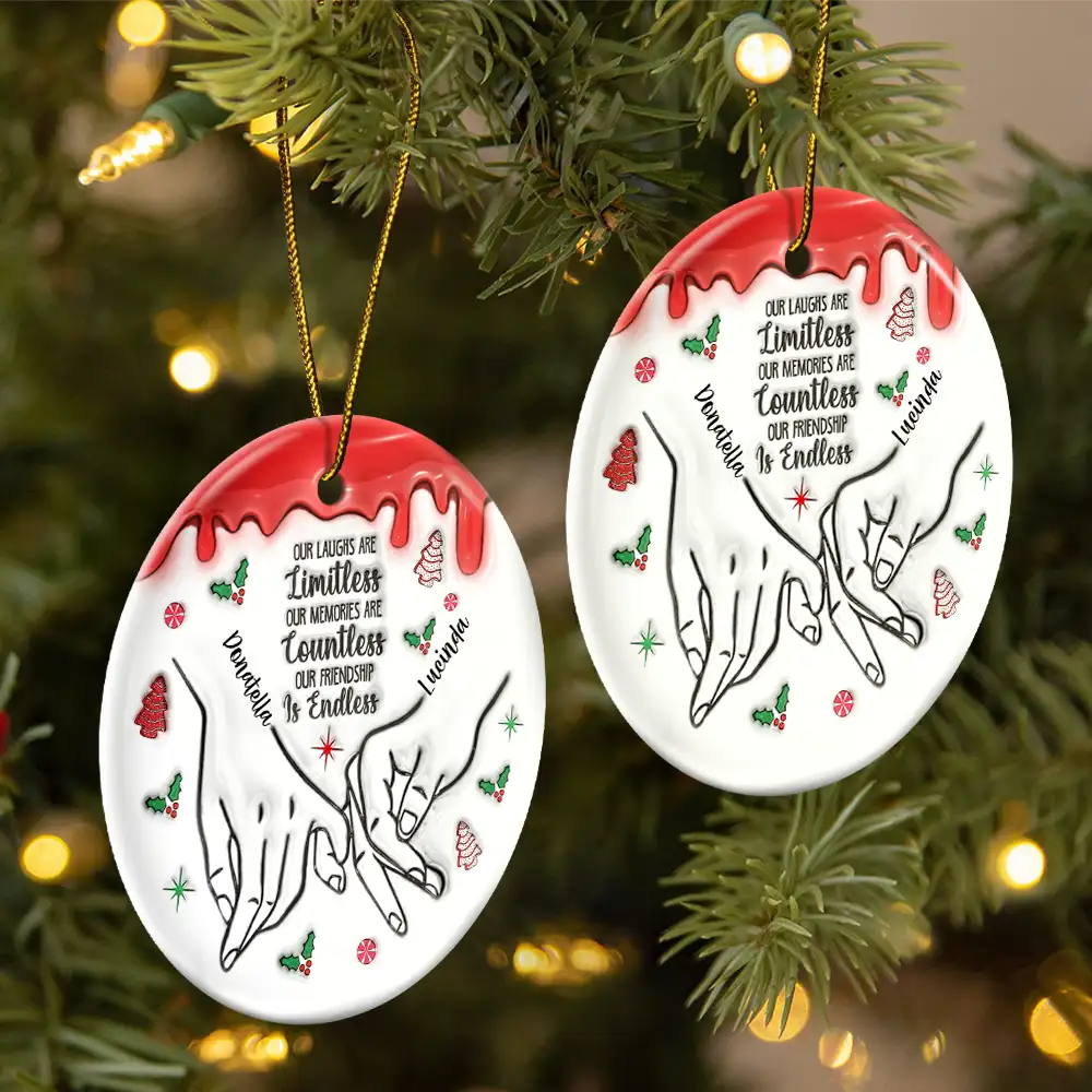 Christmas Besties Holding Hands Not Sisters By Blood But Sisters By Heart - 3D Inflated Effect Printed Ornament, Personalized Circle Acrylic Ornament