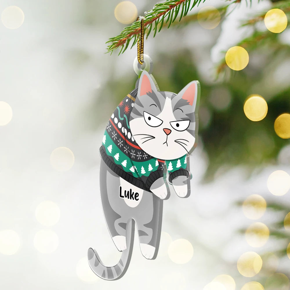 Hanging Cat Have Yourself A Meowy Christmas - Personalized Cutout Acrylic Ornament