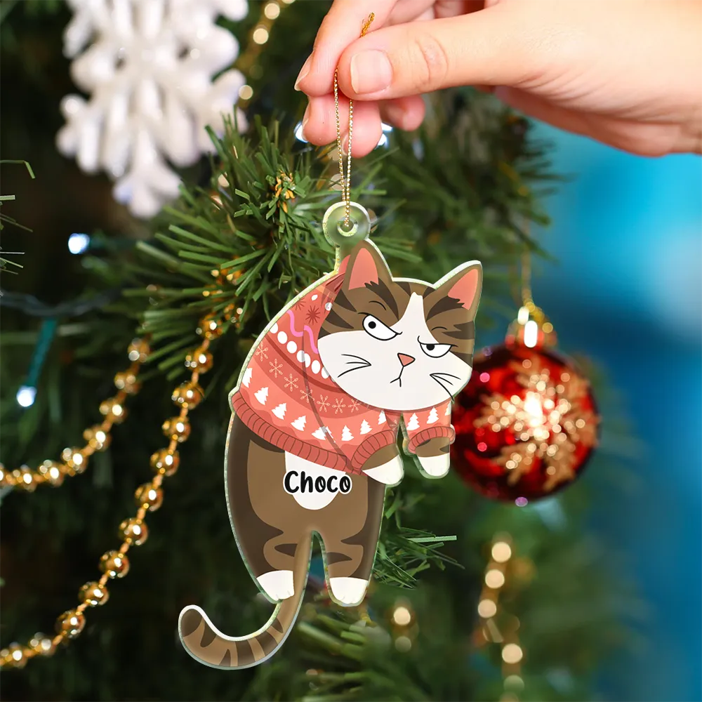 Hanging Cat Have Yourself A Meowy Christmas - Personalized Cutout Acrylic Ornament