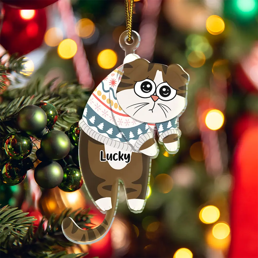 Hanging Cat Have Yourself A Meowy Christmas - Personalized Cutout Acrylic Ornament