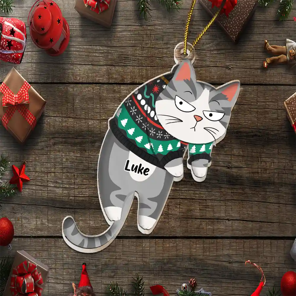 Hanging Cat Have Yourself A Meowy Christmas - Personalized Cutout Acrylic Ornament