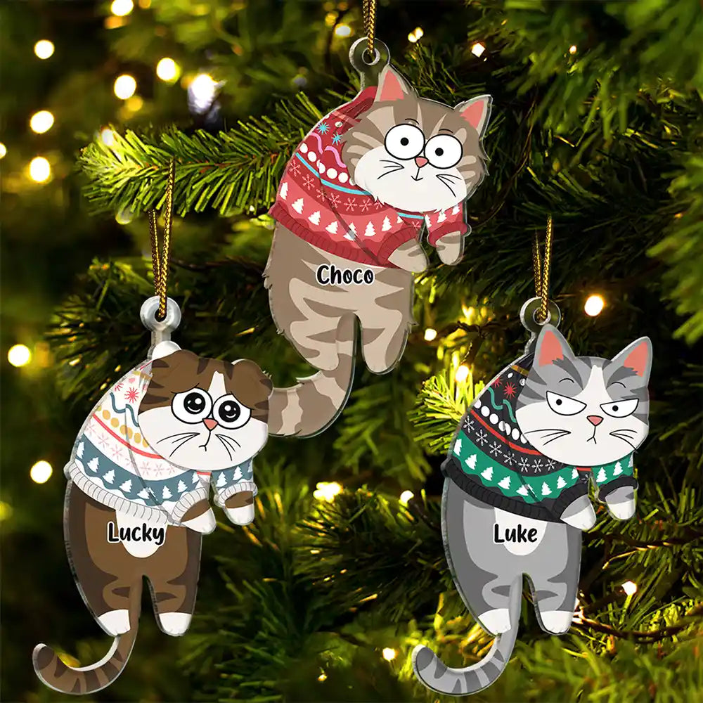 Hanging Cat Have Yourself A Meowy Christmas - Personalized Cutout Acrylic Ornament