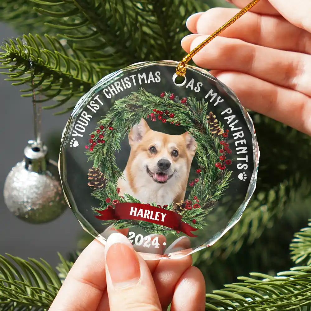 Custom Photo Dog Cat Your First Christmas As My Pawrents - Personalized Circle Acrylic Ornament