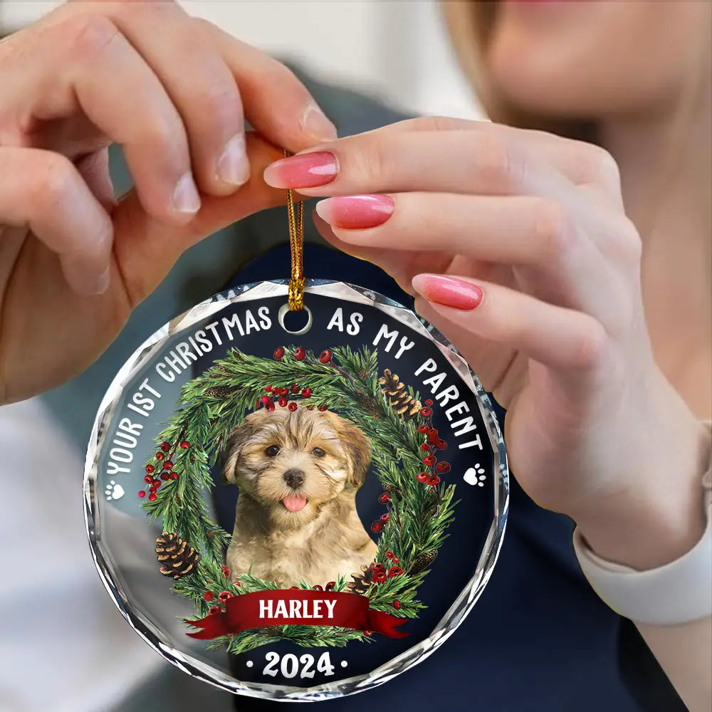 Custom Photo Dog Cat Your First Christmas As My Pawrents - Personalized Circle Acrylic Ornament