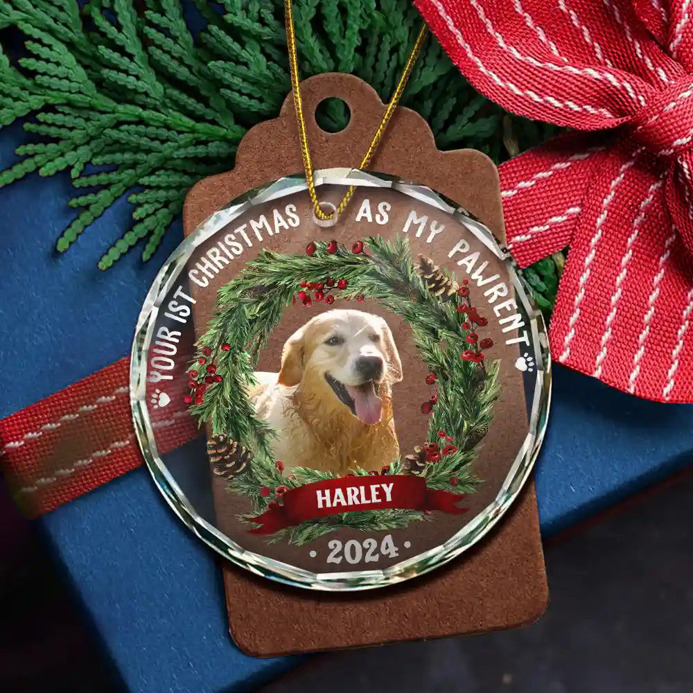 Custom Photo Dog Cat Your First Christmas As My Pawrents - Personalized Circle Acrylic Ornament