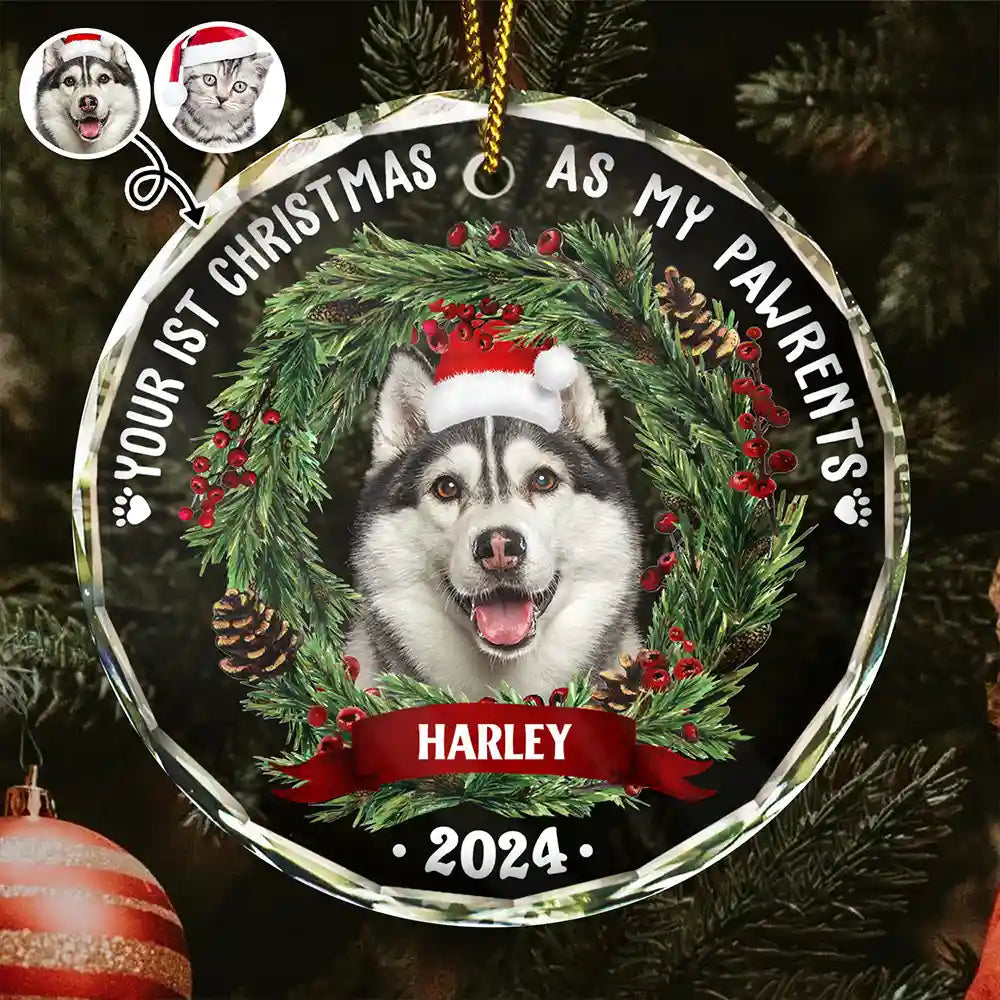 Custom Photo Dog Cat Your First Christmas As My Pawrents - Personalized Circle Acrylic Ornament