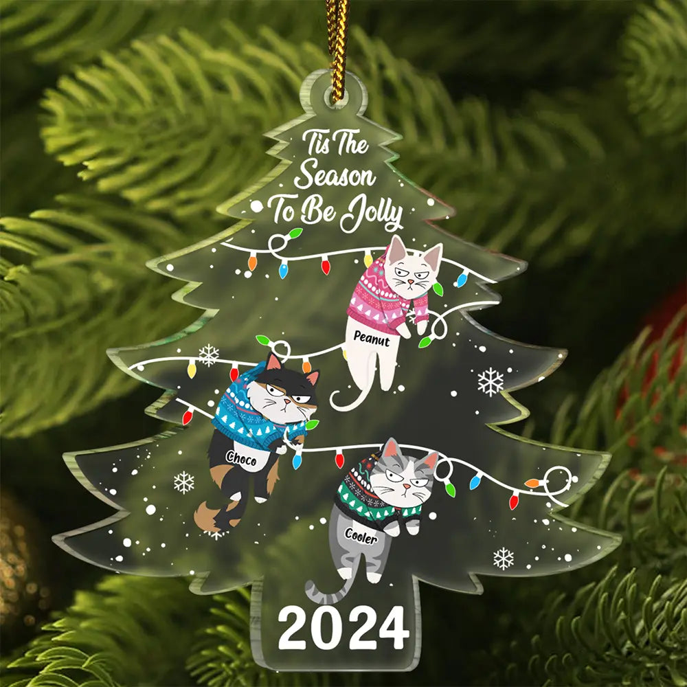 Christmas Hanging Cats Tis The Season To Be Jolly - Personalized Custom Shaped Acrylic Ornament