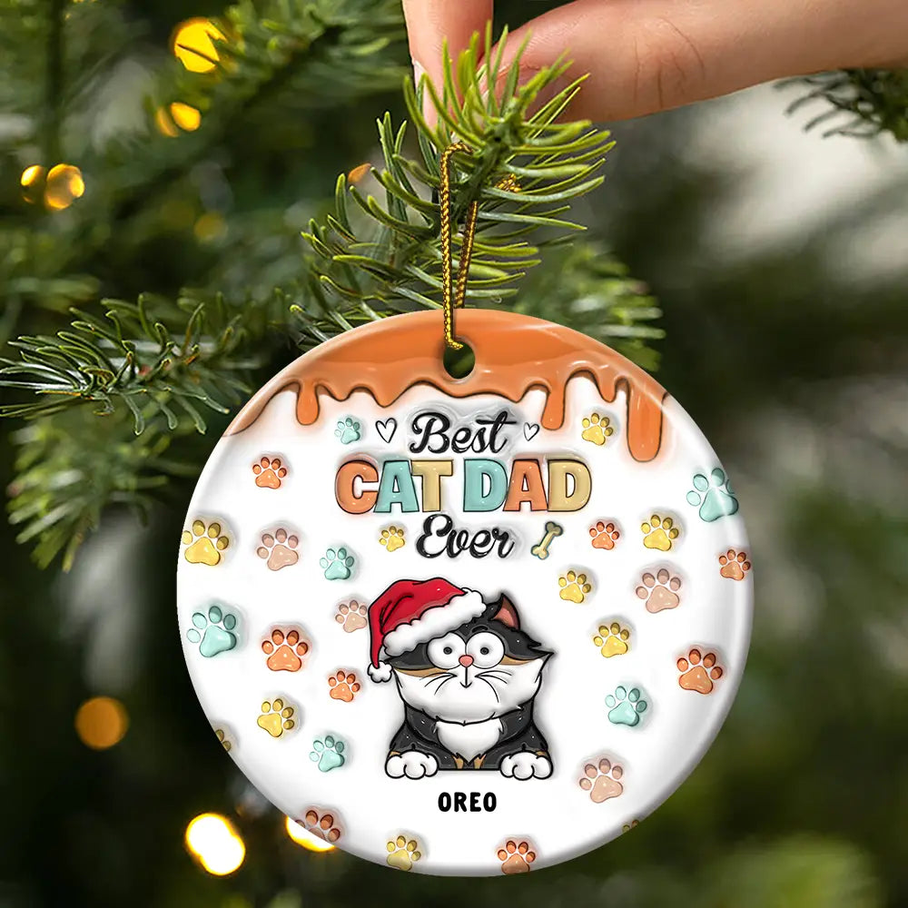 Best Cat Mom Ever Funny Christmas Cats - 3D Inflated Effect Printed Ornament, Personalized Circle Ceramic Ornament