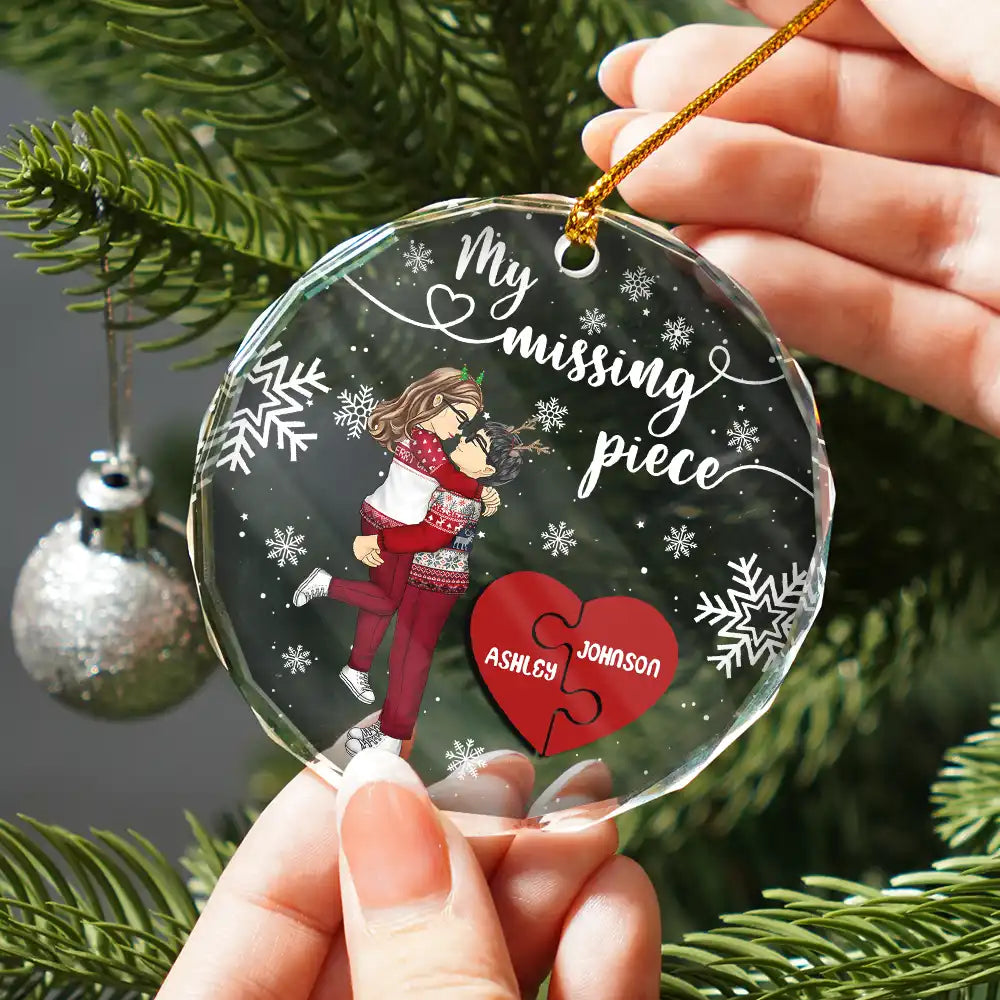 My Missing Piece Christmas Couple Hugging Kissing - Personalized Circle Glass Ornament