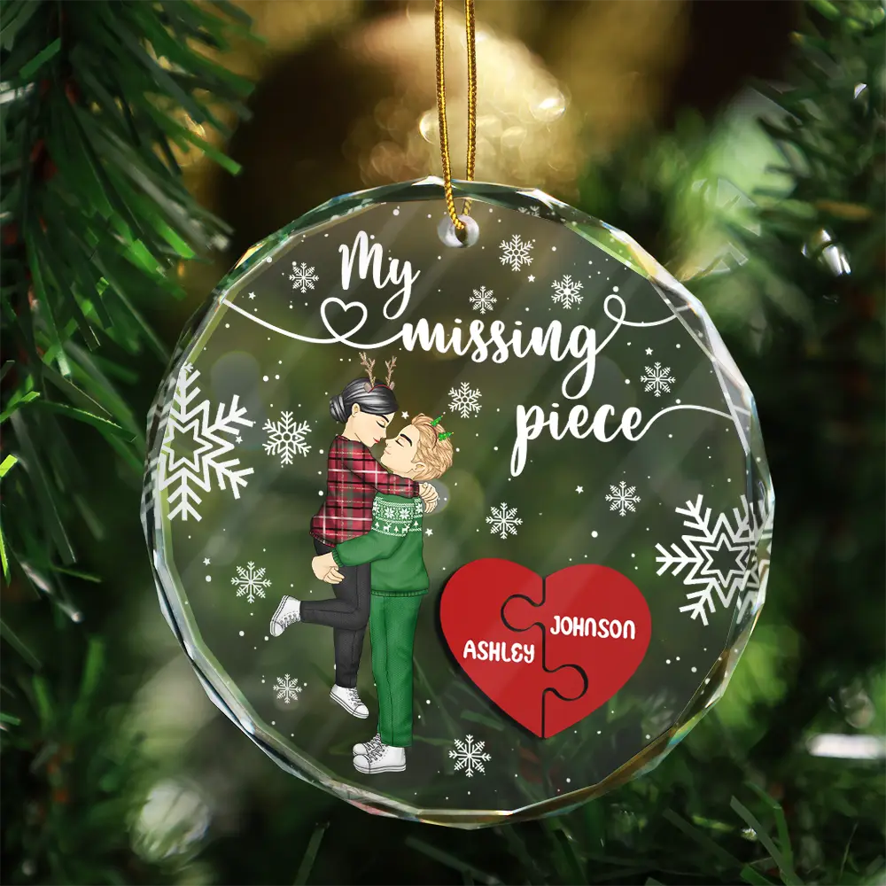 My Missing Piece Christmas Couple Hugging Kissing - Personalized Circle Glass Ornament