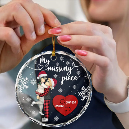 My Missing Piece Christmas Couple Hugging Kissing - Personalized Circle Glass Ornament