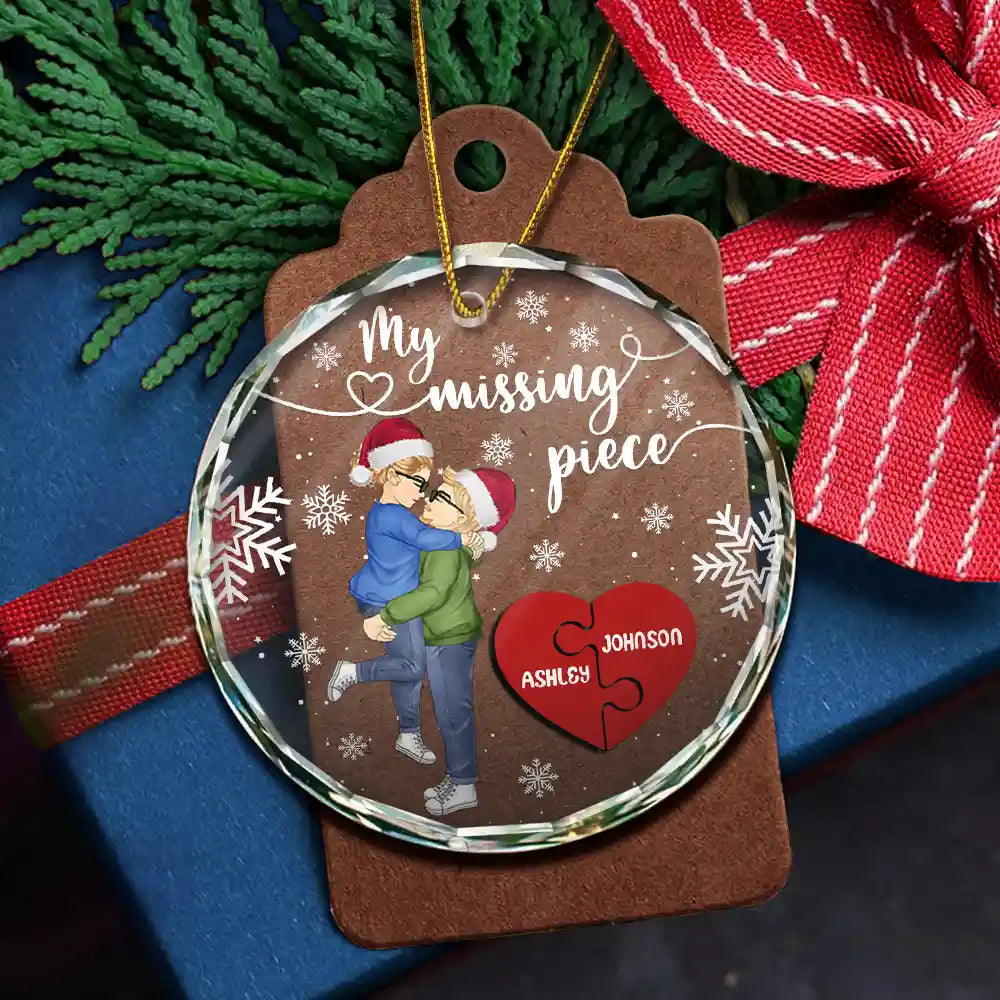 My Missing Piece Christmas Couple Hugging Kissing - Personalized Circle Glass Ornament