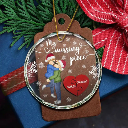 My Missing Piece Christmas Couple Hugging Kissing - Personalized Circle Glass Ornament