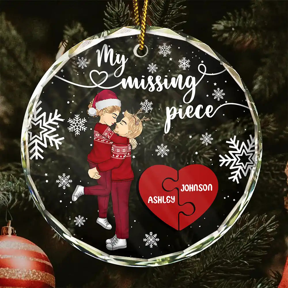 My Missing Piece Christmas Couple Hugging Kissing - Personalized Circle Glass Ornament