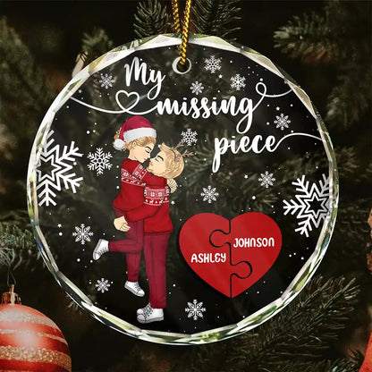 My Missing Piece Christmas Couple Hugging Kissing - Personalized Circle Glass Ornament