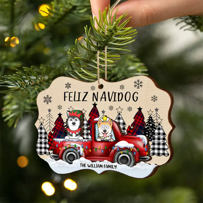 Merry Woofmas Dog Lovers Red Truck - Personalized Wooden Ornament