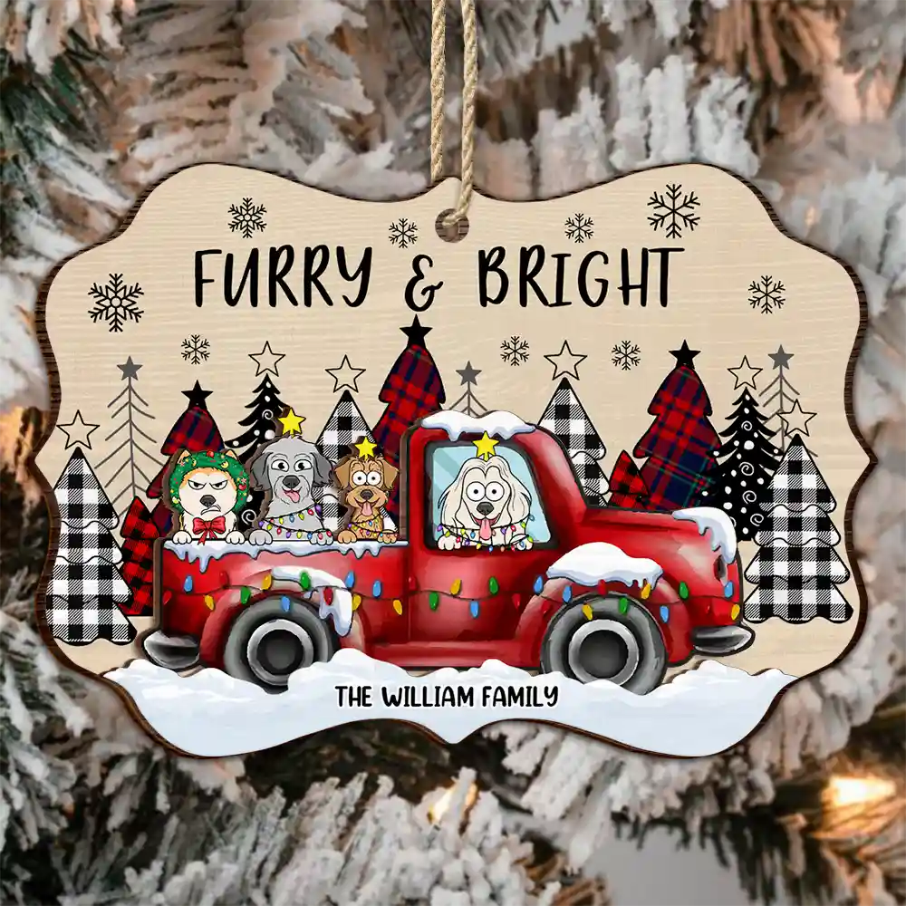 Merry Woofmas Dog Lovers Red Truck - Personalized Wooden Ornament